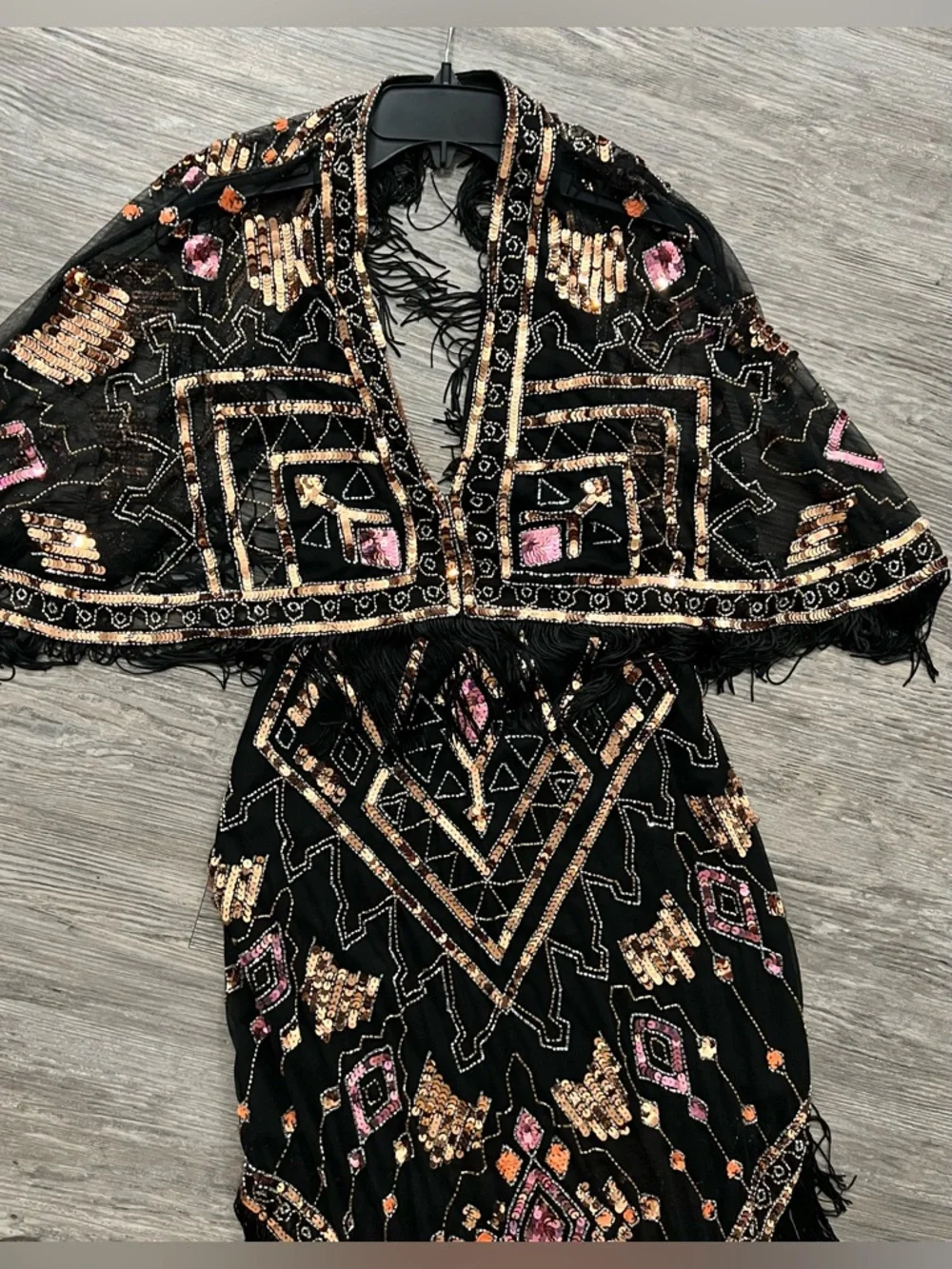 RARE Y2K ASOS design Black Sequin Fringe Maxi Dress with Pink & Rose Accents#A10 - Picture 4 of 16